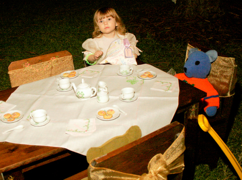 Two identical tables for 4 were set with china and homemade cookies. But the flower girl ate every cookie before any other pint sized guests could enjoy them. 