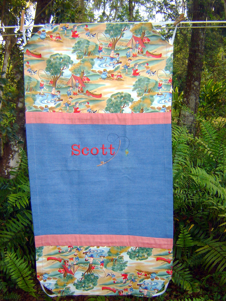 Scott's mother liked the camping themed Michael Miller fabric.